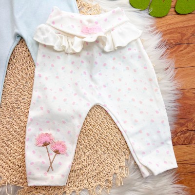 Kit 3 Calças - Florzinhas de Algodão - Rosa, Off White e Azul Bebê